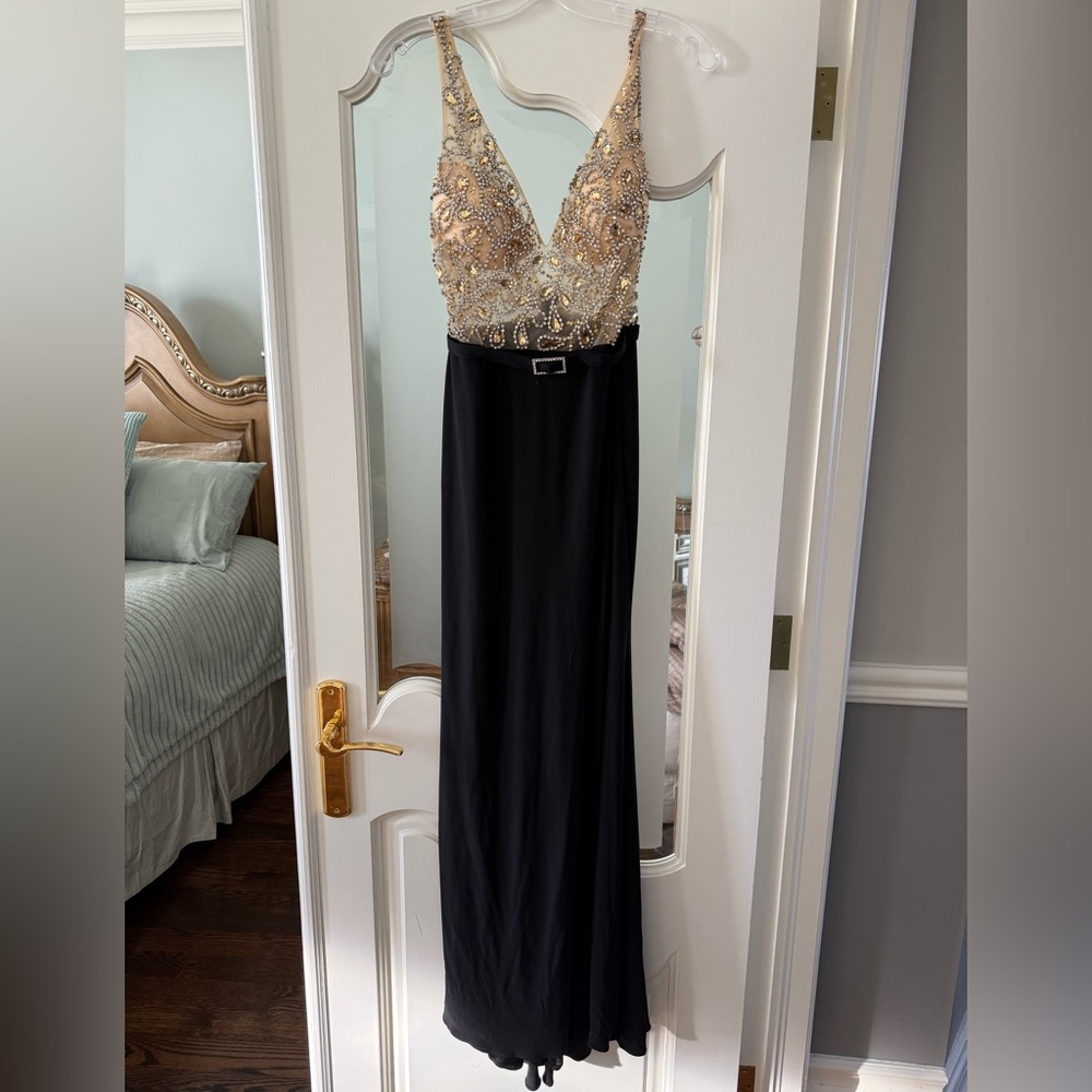 Mac Duggal Black and Gold Embellished Prom Dress